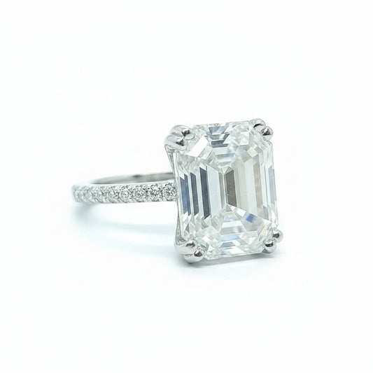 8.7 ct DEW White Moissanite Emerald Solitaire Ring - 18K Gold Vermeil on 925 Sterling Silver