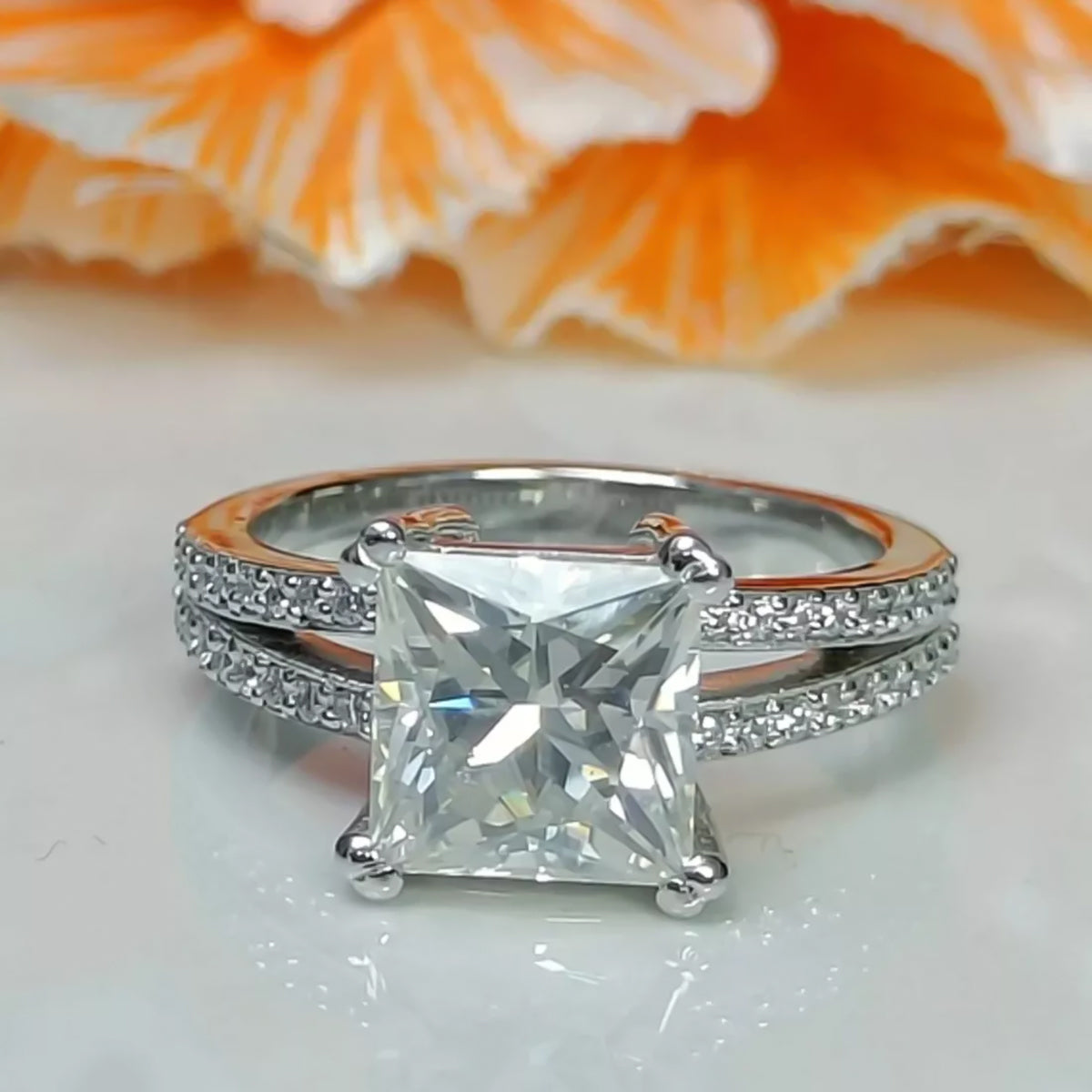 4.25 ct DEW White Moissanite Princess Solitaire Ring - 18K Gold Vermeil on 925 Sterling Silver