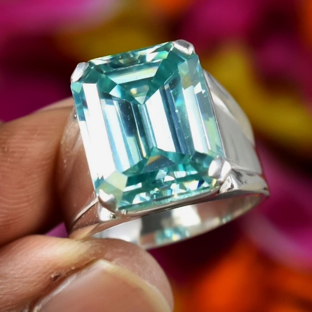 9.5 Ct Blue Moissanite Emerald Solitaire Ring - 925 Sterling Silver Gold Vermeil