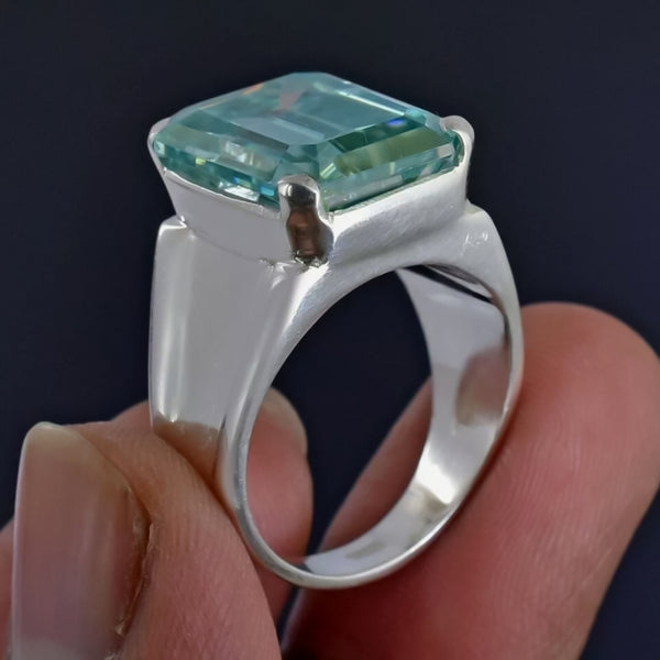9.5 Ct Blue Moissanite Emerald Solitaire Ring - 925 Sterling Silver Gold Vermeil