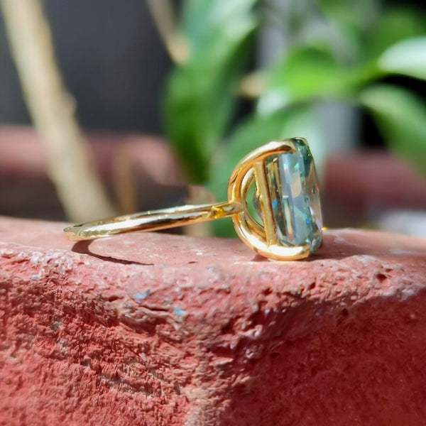 10.4ct DEW Blue Moissanite Emerald Solitaire Ring