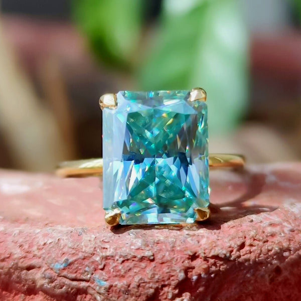 10.4ct DEW Blue Moissanite Emerald Solitaire Ring