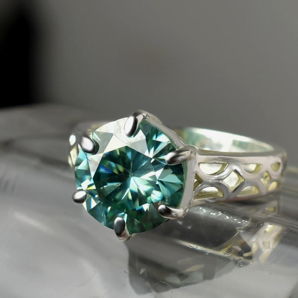 5.5ct DEW Blue Moissanite Round Solitaire Ring