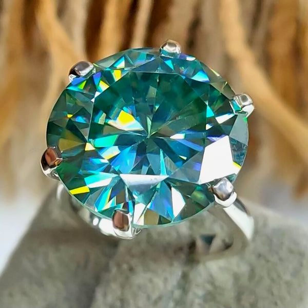 17.2ct DEW Blue Moissanite Round Solitaire Ring