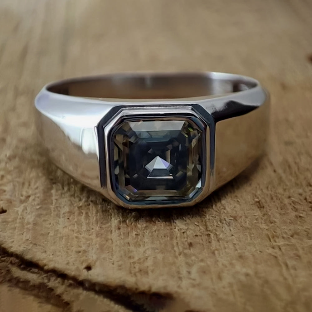 3.7 ct DEW Grey Moissanite Asscher Solitaire Ring - 18K Gold Vermeil on 925 Sterling Silver