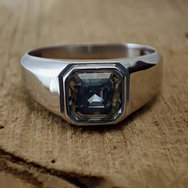 3.7 ct DEW Grey Moissanite Asscher Solitaire Ring - 18K Gold Vermeil on 925 Sterling Silver