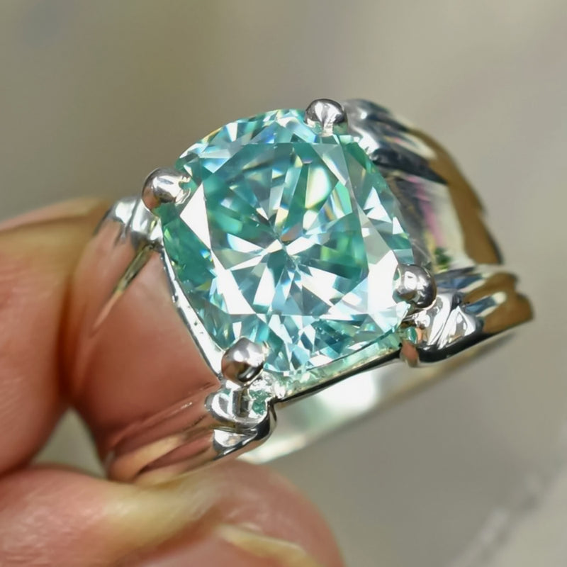 8.3 Ct Blue Moissanite Cushion Solitaire Ring - 925 Sterling Silver Gold Vermeil