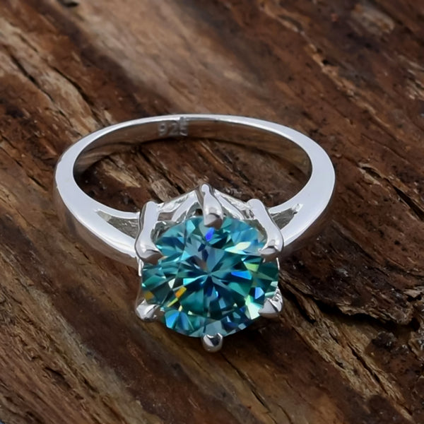 3.65 ct DEW Blue Moissanite Round Solitaire Ring - 18K Gold Vermeil on 925 Sterling Silver