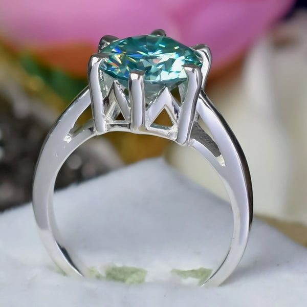 3.65 ct DEW Blue Moissanite Round Solitaire Ring - 18K Gold Vermeil on 925 Sterling Silver