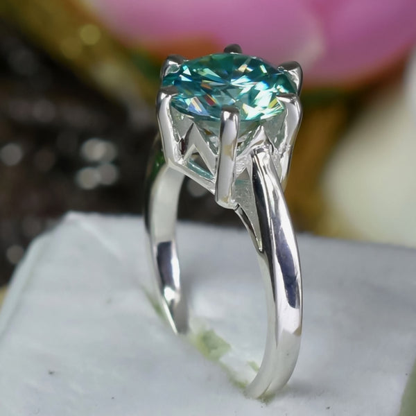 3.65 ct DEW Blue Moissanite Round Solitaire Ring - 18K Gold Vermeil on 925 Sterling Silver