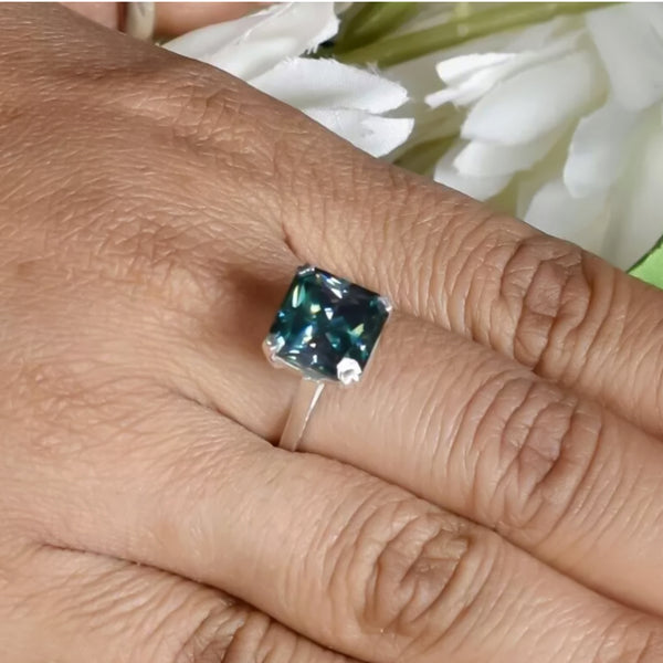 7.5 ct DEW Blue Moissanite Asscher Solitaire Ring - 18K Gold Vermeil on 925 Sterling Silver