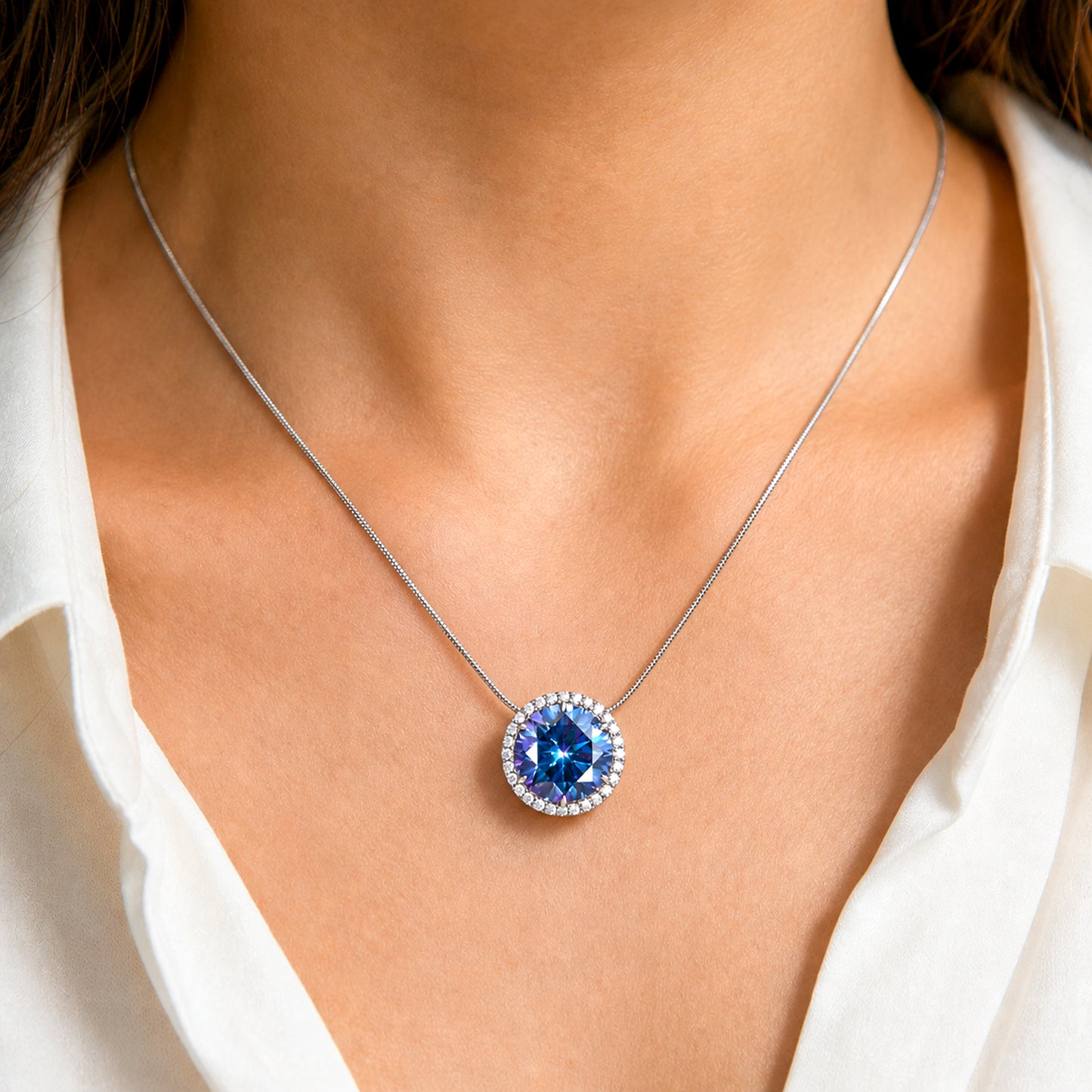 20.00ct DEW Blue Moissanite Round Pendant Necklace