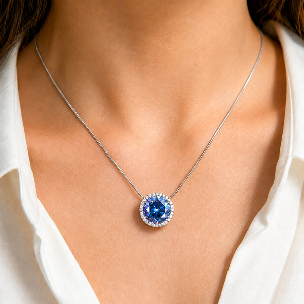 20.00ct DEW Blue Moissanite Round Pendant Necklace