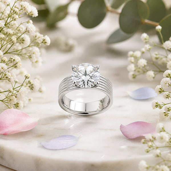 5.00 ct DEW White Round Cut Treated Moissanite Ring in Certified Beauty 18K Gold Plated