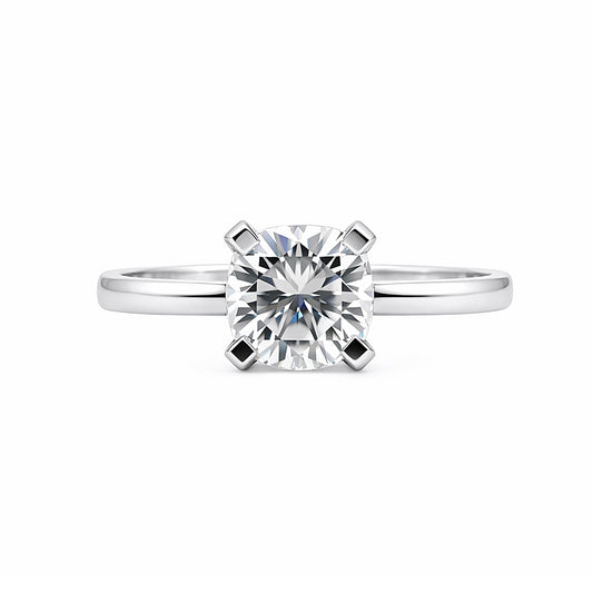 Side profile of 2.6ct cushion diamond ring on gold vermeil prong setting