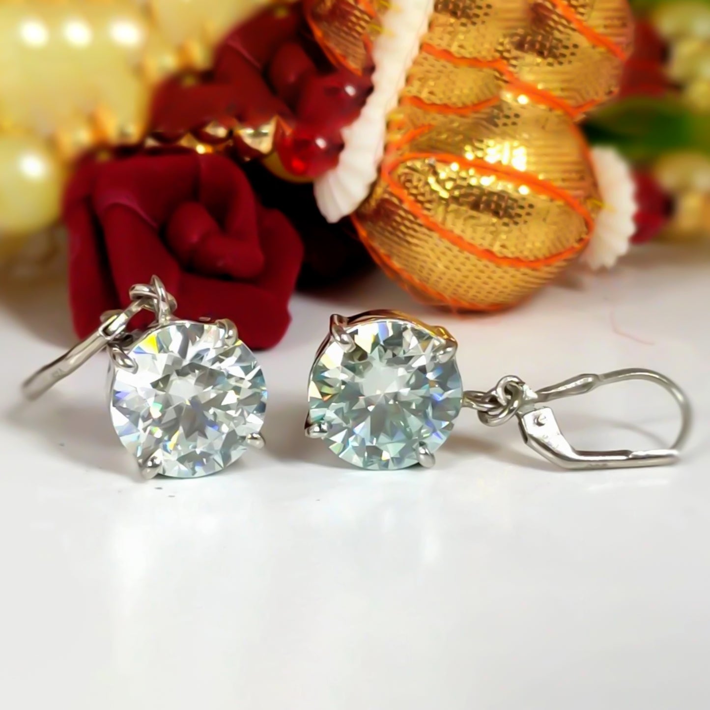 8 ct DEW Treated White Moissanite Dangler Earrings Gold Vermeil Certified Jewelry