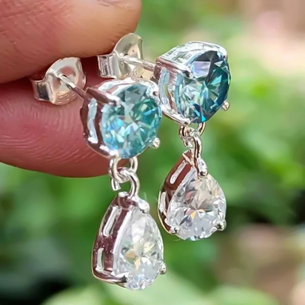 6.50 ct DEW Blue & White Moissanite Dangle Earrings Gold Vermeil – Summer Sale Gift