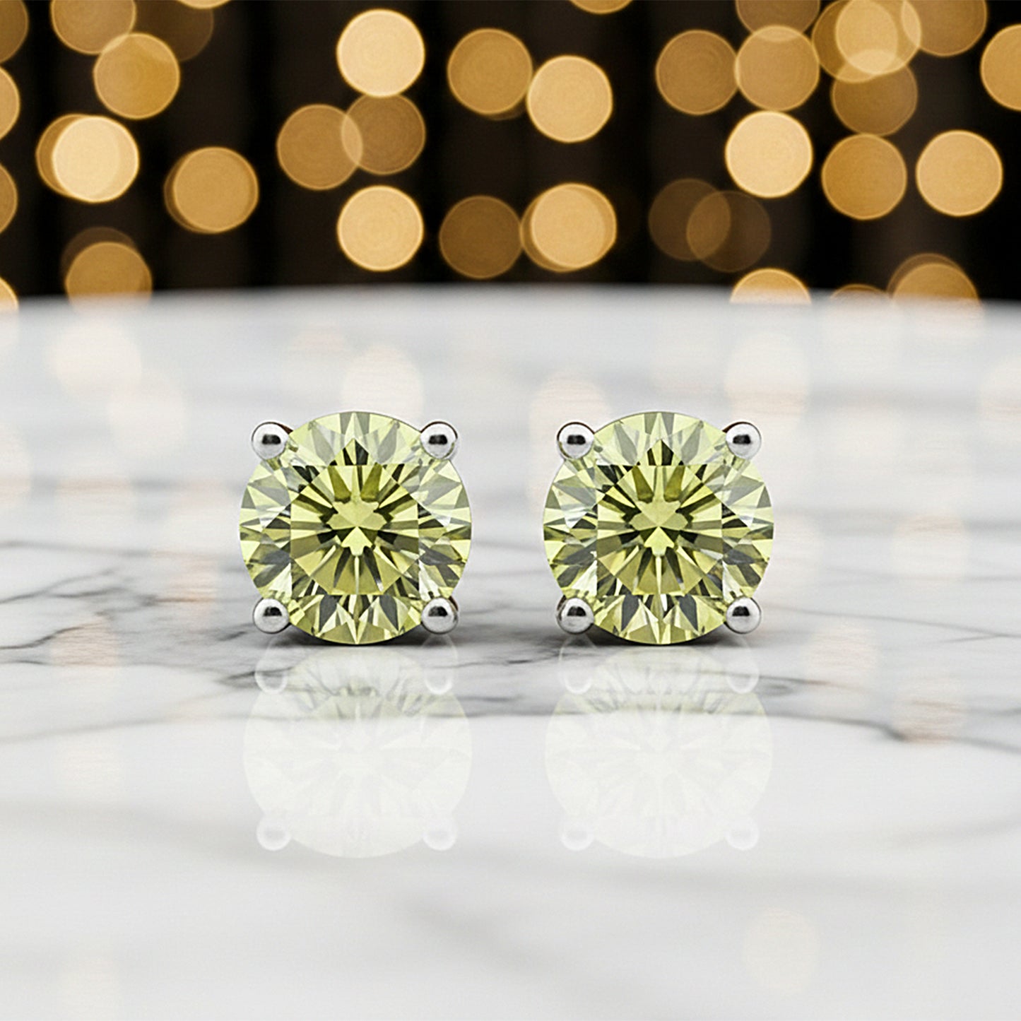 3.60 Ct Round Cut Green Lab Grown Diamond Stud Earrings — VS1 Clarity, 18k Gold Vermeil