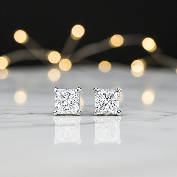 6.00 ct DEW Princess Cut Certified Moissanite Studs in Gold Vermeil For Wife