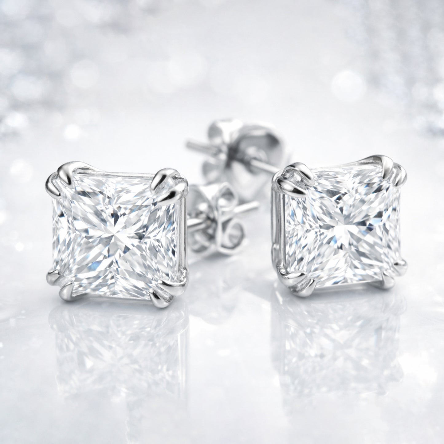 2 Ct Princess Cut Lab Grown Diamond Stud Earrings — VS1 Clarity, 18k Gold Vermeil