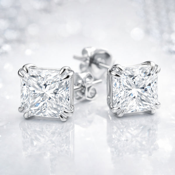 2 Ct Princess Cut Lab Grown Diamond Stud Earrings — VS1 Clarity, 18k Gold Vermeil
