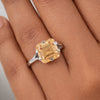 Champagne asscher lab diamond ring worn on hand, art deco styling