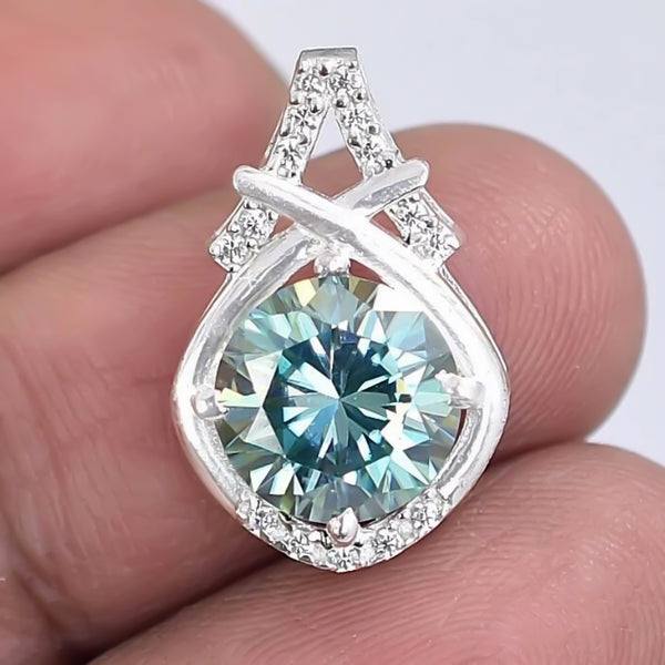 4.20 Ct Blue Round Moissanite Pendant In Vermeil 925 Silver Certified Jewelry