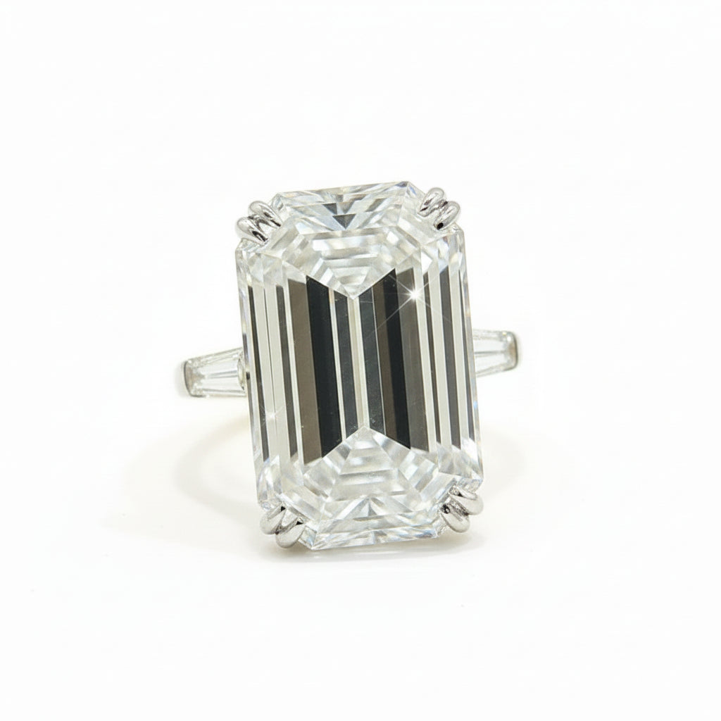 7.3 ct DEW White Moissanite Emerald Solitaire Ring - 18K Gold Vermeil on 925 Sterling Silver