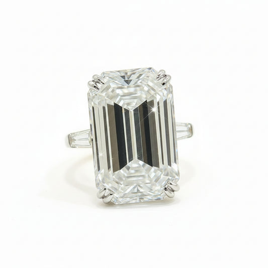 7.3 ct DEW White Moissanite Emerald Solitaire Ring - 18K Gold Vermeil on 925 Sterling Silver