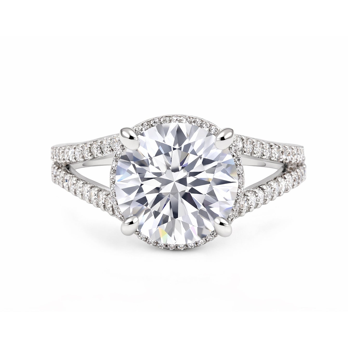 Close-up of round brilliant centre stone with pavé-set diamond accent stones