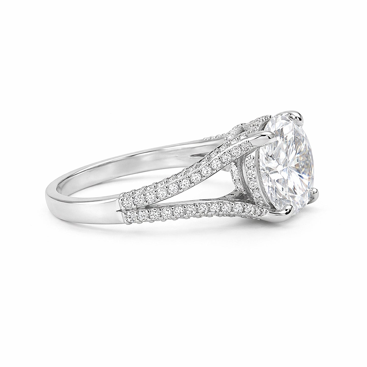 Detail of pavé split-shank band on lab diamond ring in 18k gold vermeil