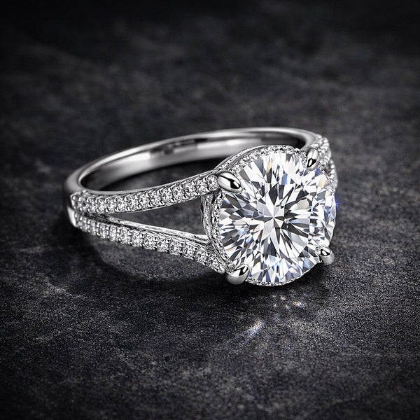 Round lab diamond solitaire with pavé shoulders on dark background, full fire