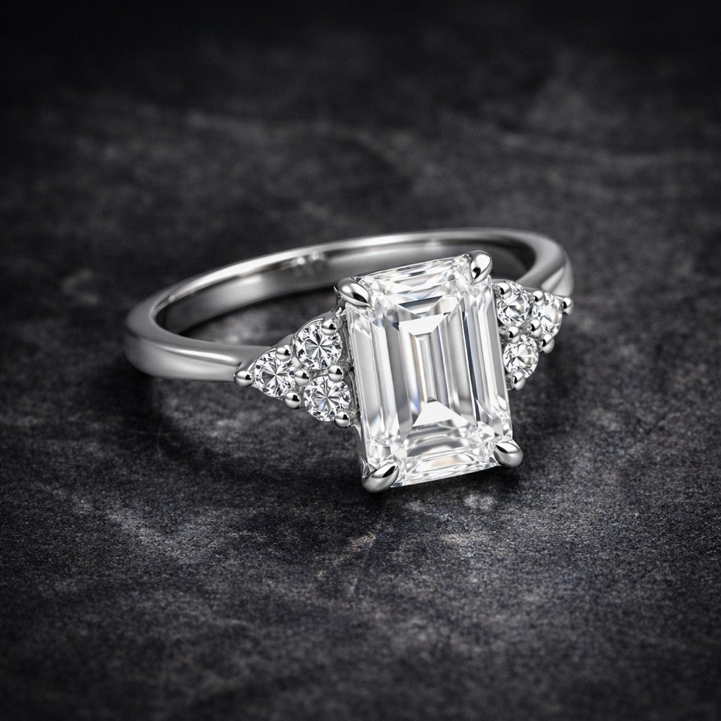 Top view of emerald cut lab diamond showing step facets and clean clarity