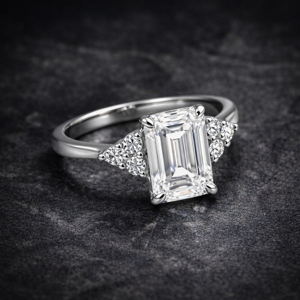 Top view of emerald cut lab diamond showing step facets and clean clarity