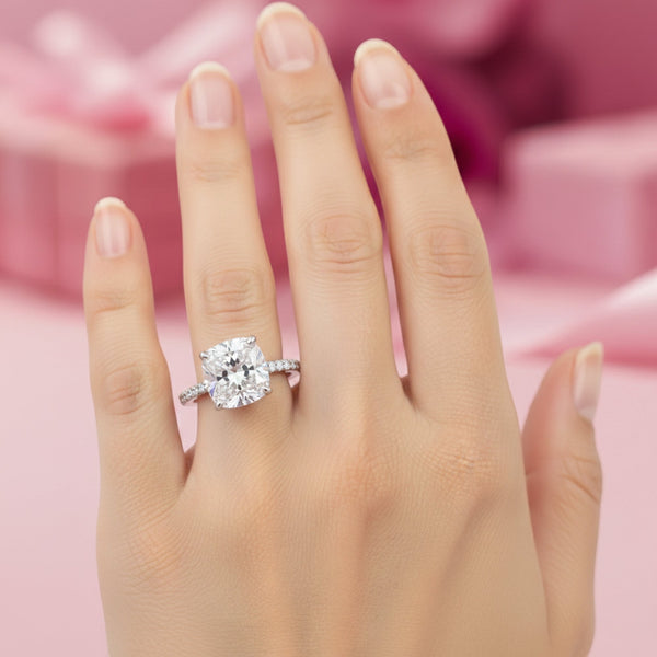 Side profile of 3.3ct cushion diamond ring on gold vermeil prong setting