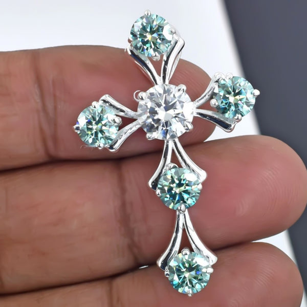 5.00 ct DEW Round Cut Blue & White Moissanite In Gold Vermeil Plus-Shape Necklace