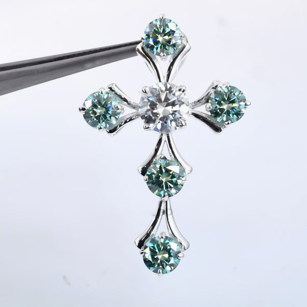 5.00 ct DEW Round Cut Blue & White Moissanite In Gold Vermeil Plus-Shape Necklace