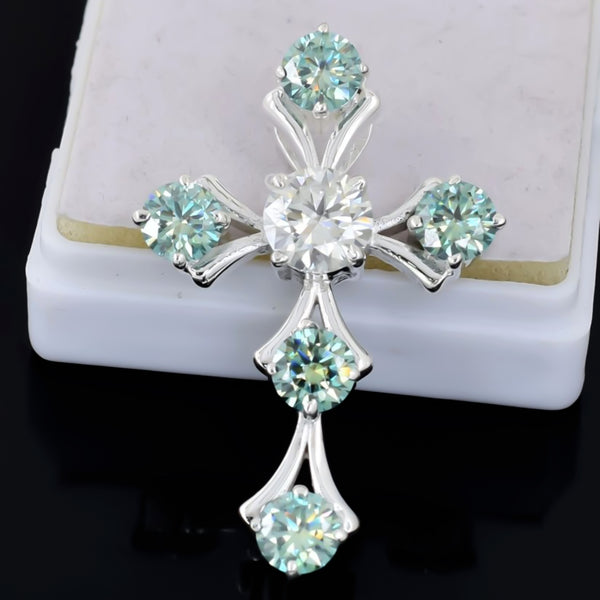 5.00 ct DEW Round Cut Blue & White Moissanite In Gold Vermeil Plus-Shape Necklace