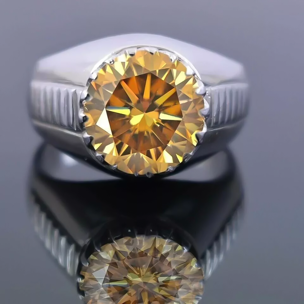 5.15 Ct Champagne Moissanite Round Solitaire Ring - 925 Sterling Silver Gold Vermeil