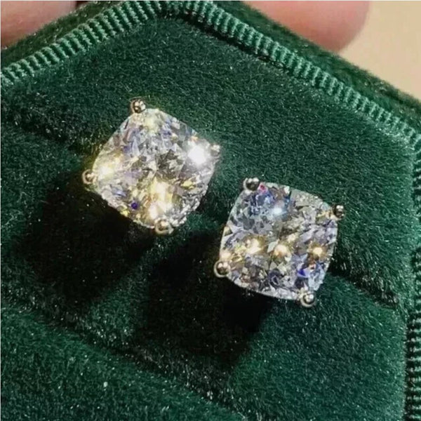 4 ct DEW Certified Cushion Cut Moissanite Solitaire Studs In Stering Gold Vermeil