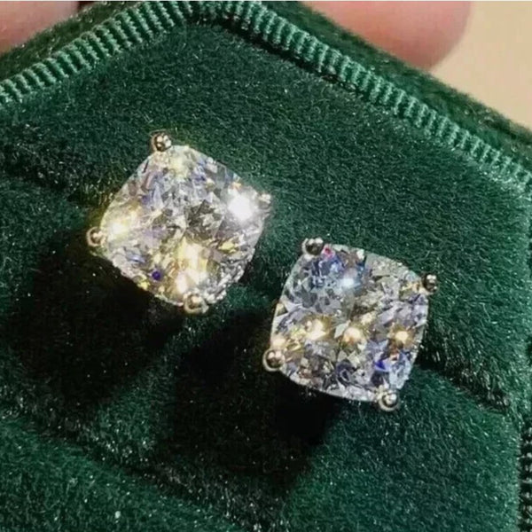 4 ct DEW Certified Cushion Cut Moissanite Solitaire Studs In Stering Gold Vermeil