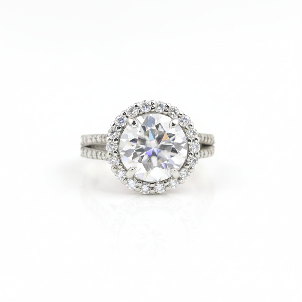 9.8 ct DEW White Moissanite Round Solitaire Ring - 18K Gold Vermeil on 925 Sterling Silver