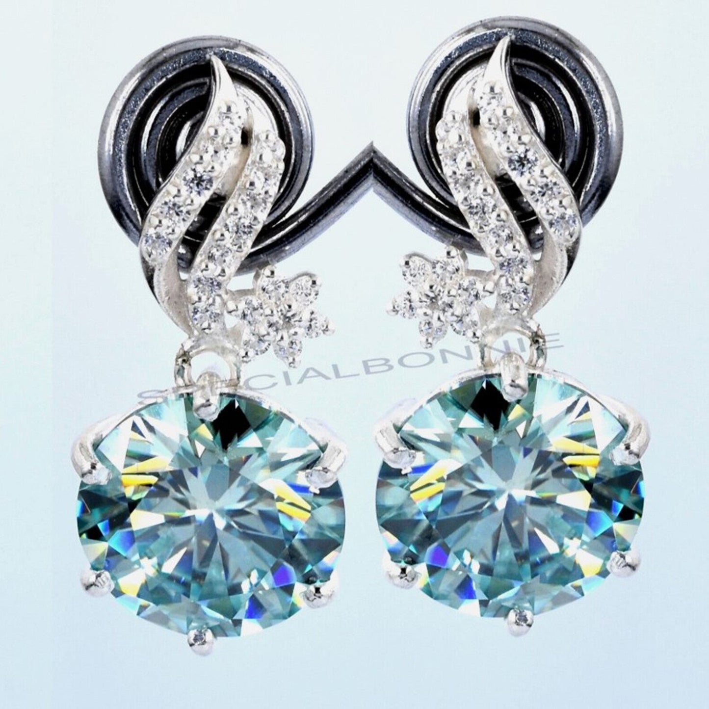 Certified 15 Ct Blue Moissanite Solitaire Round Cut Earring In Gold Vermeil