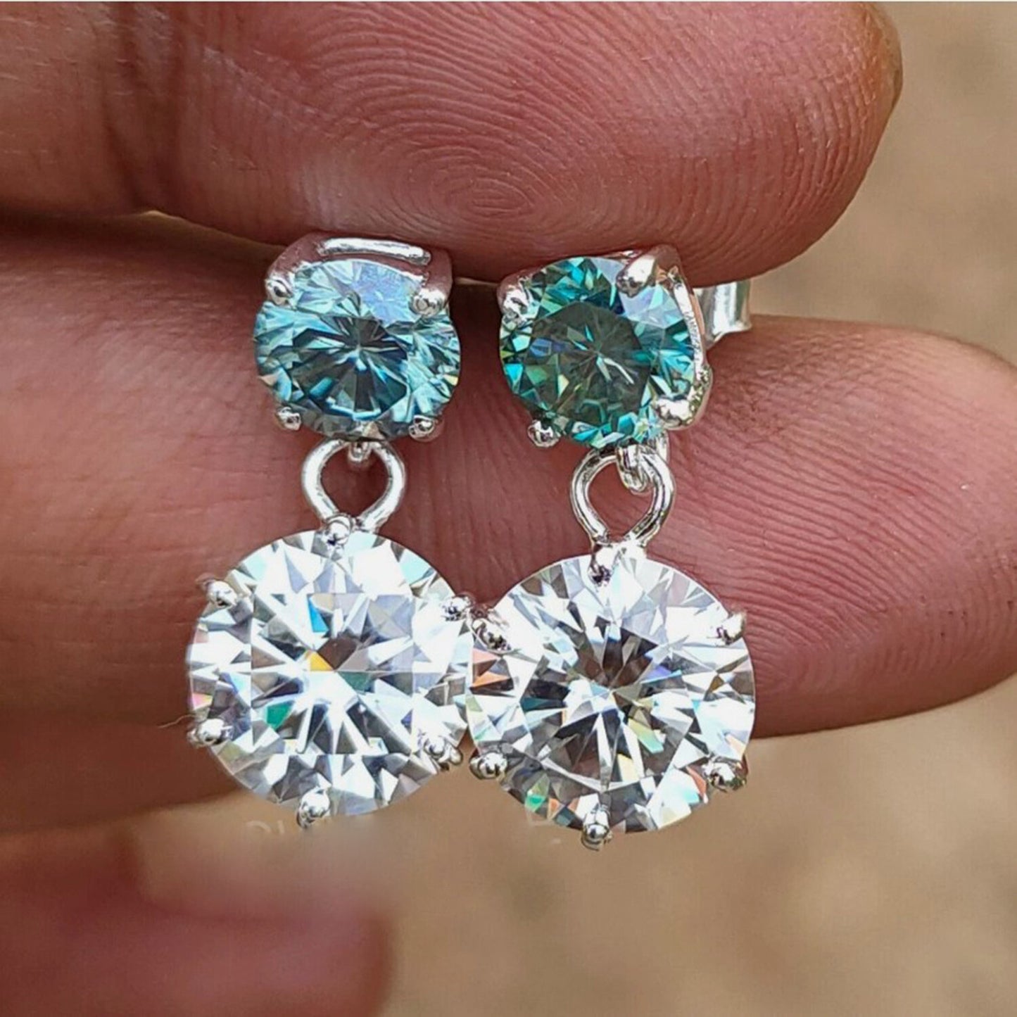 5.50 Ct Certified Blue & White Moissanite Round Cut Earrings In Gold Vermeil - GEMHUB & CO.