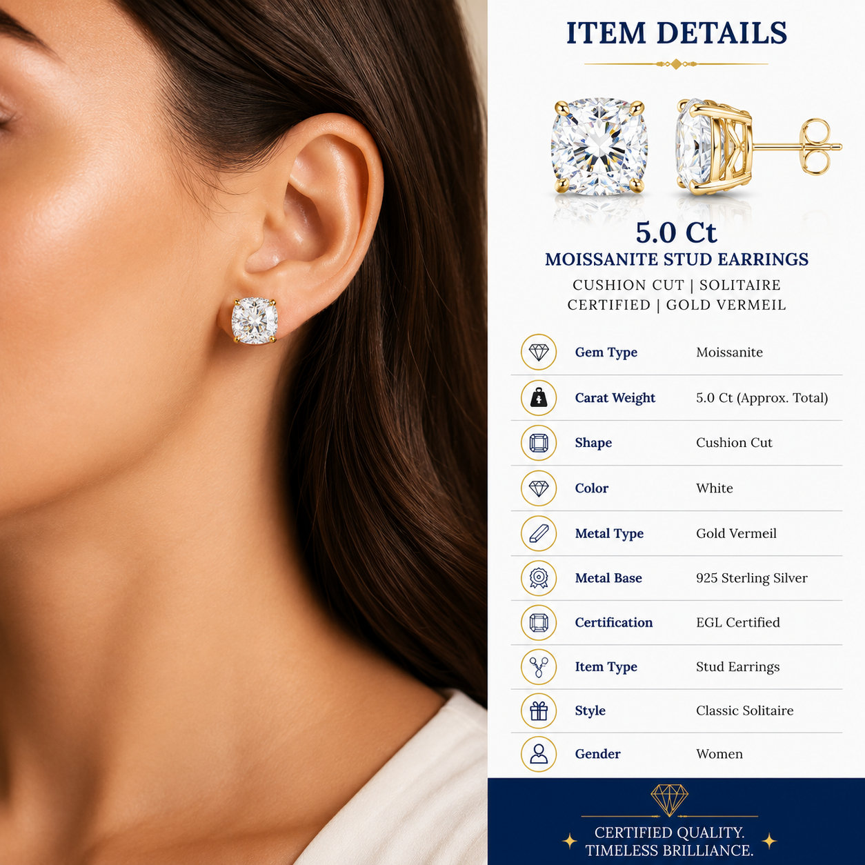 5 ct DEW Certified Cushion Cut Moissanite Solitaire Studs In Gold Vermeil
