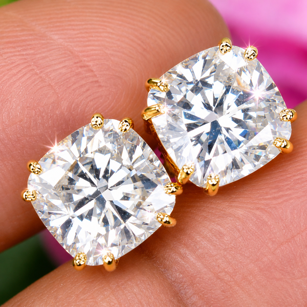 5 ct DEW Certified Cushion Cut Moissanite Solitaire Studs In Gold Vermeil