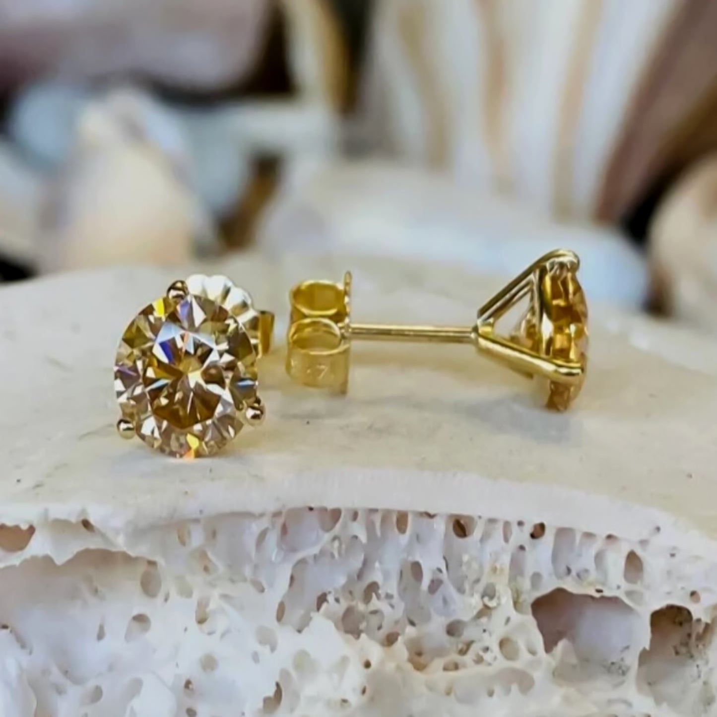 4 ct DEW Certified Champagne Moissanite Solitaire Studs In Gold Vermeil