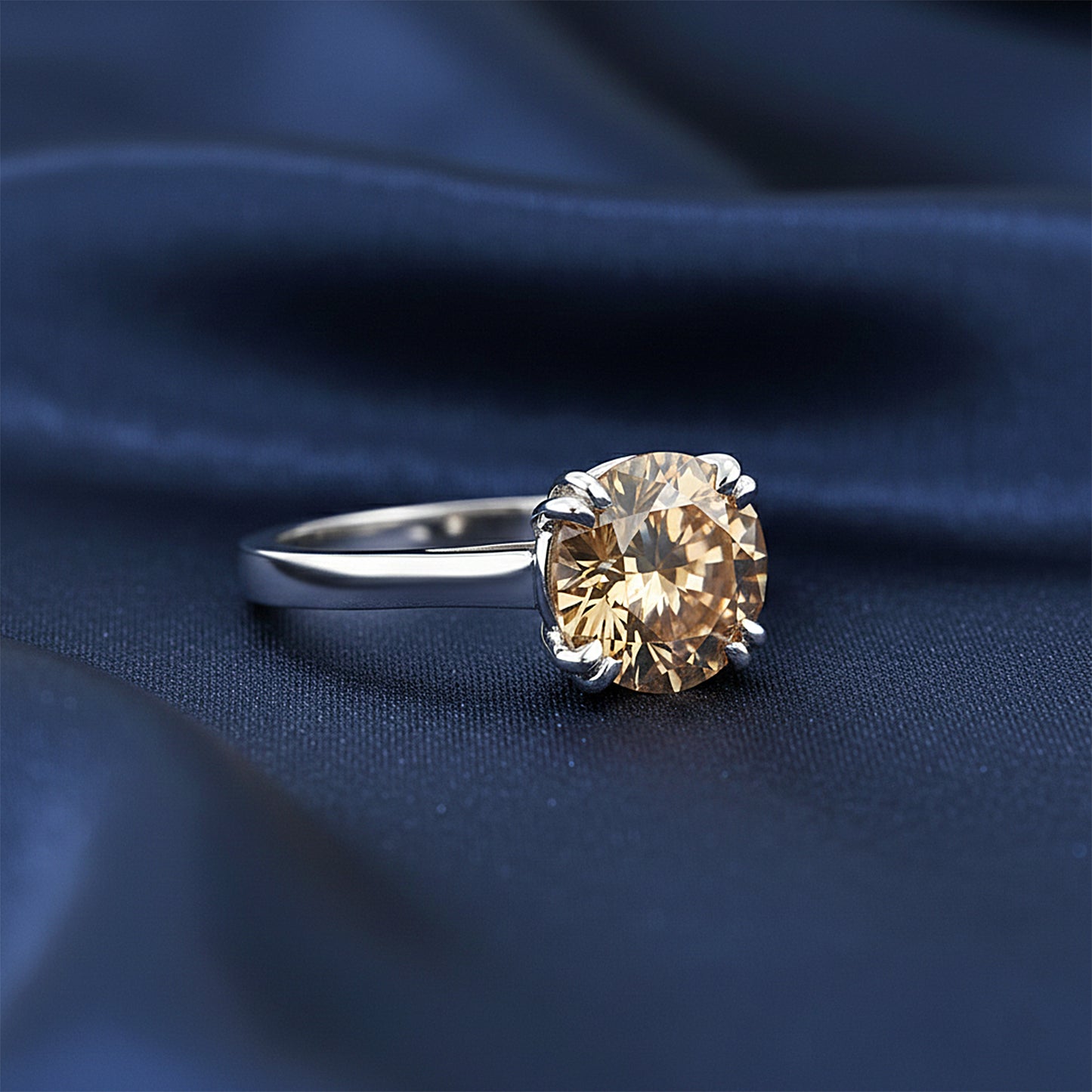 3.45 Ct Champagne Moissanite Round Solitaire Ring - 925 Sterling Silver Gold Vermeil