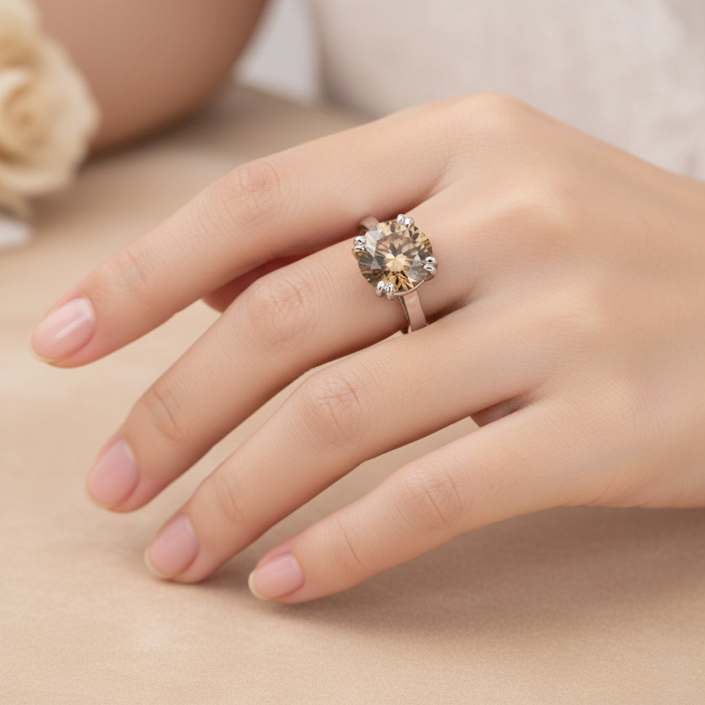 3.45 Ct Champagne Moissanite Round Solitaire Ring - 925 Sterling Silver Gold Vermeil