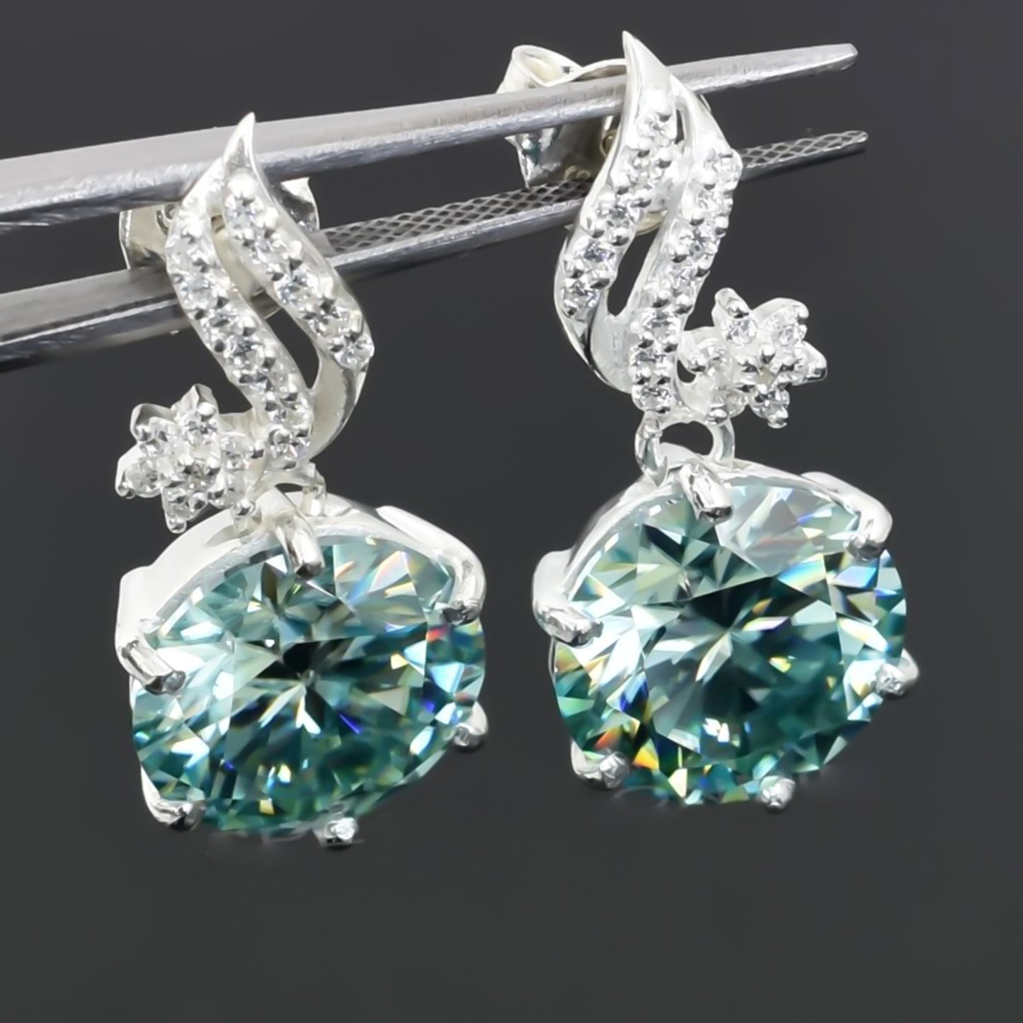 Certified 15 Ct Blue Moissanite Solitaire Dangler Earrings In Gold Vermeil